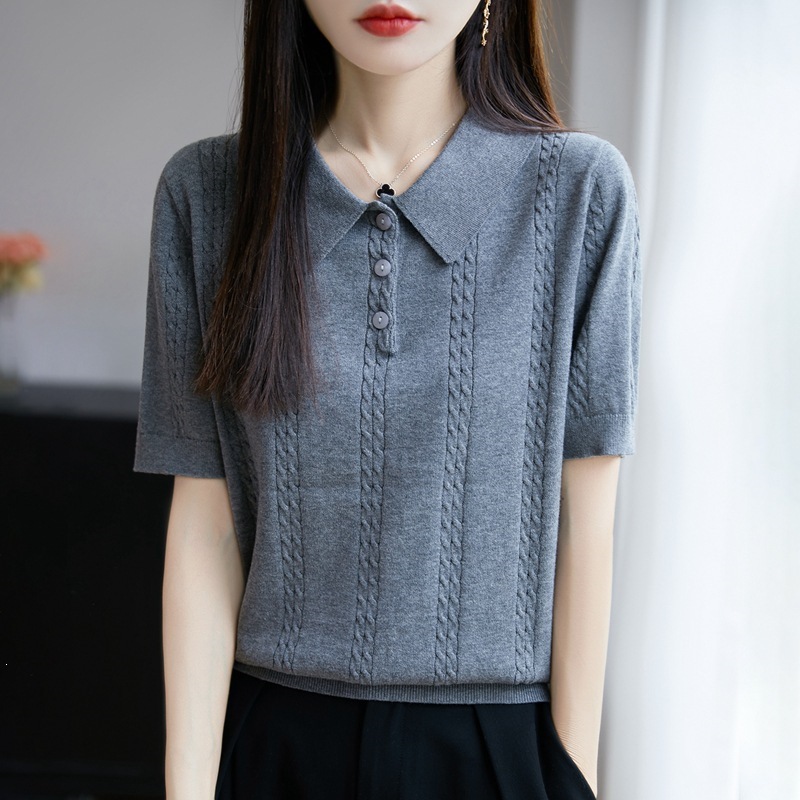 Women's Clothing 2026 Spring and Summer New Style Polo Collar Short-Sleeved Pure Cotton Knitwear Loose Twist Pattern College Style One-Piece Wholesale