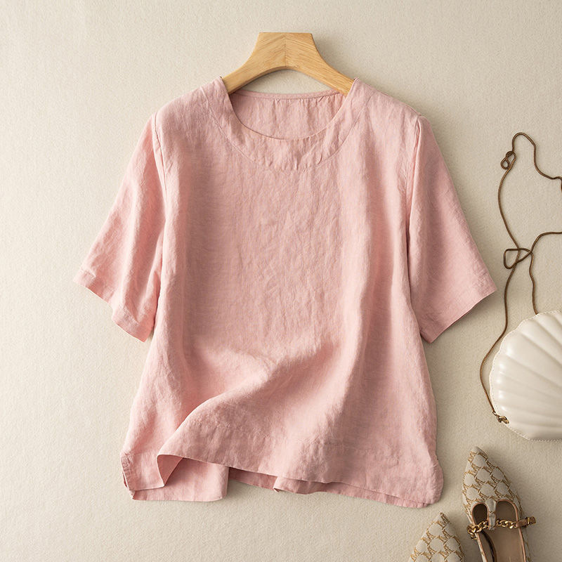 Cotton and Linen Short-Sleeved T-Shirt Tops for Women, Artistic Retro Elegant, 2025 Summer New Loose Casual Pullovers