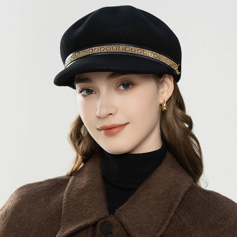 European and American Style Double-Row Rhinestone-Studded Equestrian Hats for Women, Autumn and Winter Australian Wool Duckbill Hats, Women's Octagonal Pumpkin Hats Wholesale