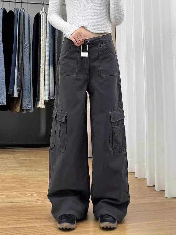 American Retro Wide-Leg Work Pants for Women, 2026 Spring and Autumn New Design, Loose Fit, Slimming, Stylish Denim Pants