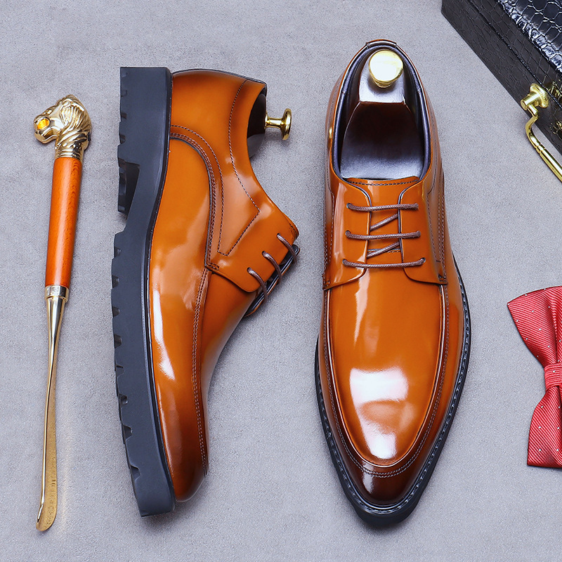 Cowhide Casual Leather Shoes Men's Genuine Leather Soft Leather Business Formal Derby Shoes Lace-Up Pointed Toe Thick Sole Lacquered Leather Shoes