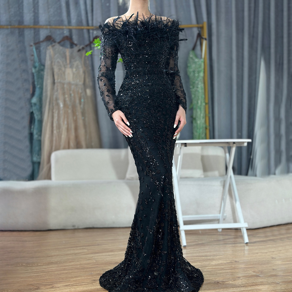 25 Export Black One-Shoulder Feather Fishtail Dress Accessible Luxury Elegant Elegant Celebrity Banquet Host Evening Dress