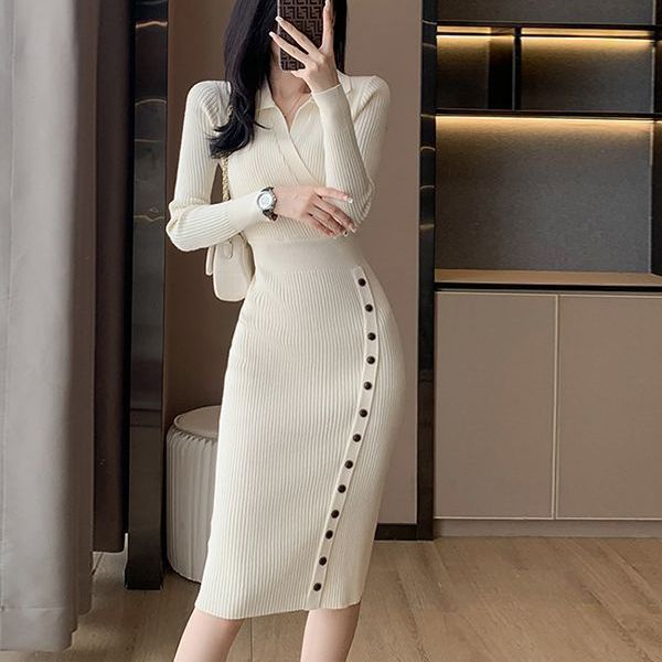 European and American Fashion Polo Collar Knitted Dress 2025 Autumn and Winter New Slim Fit Pure Color Hip-Hugging Sweater Dress