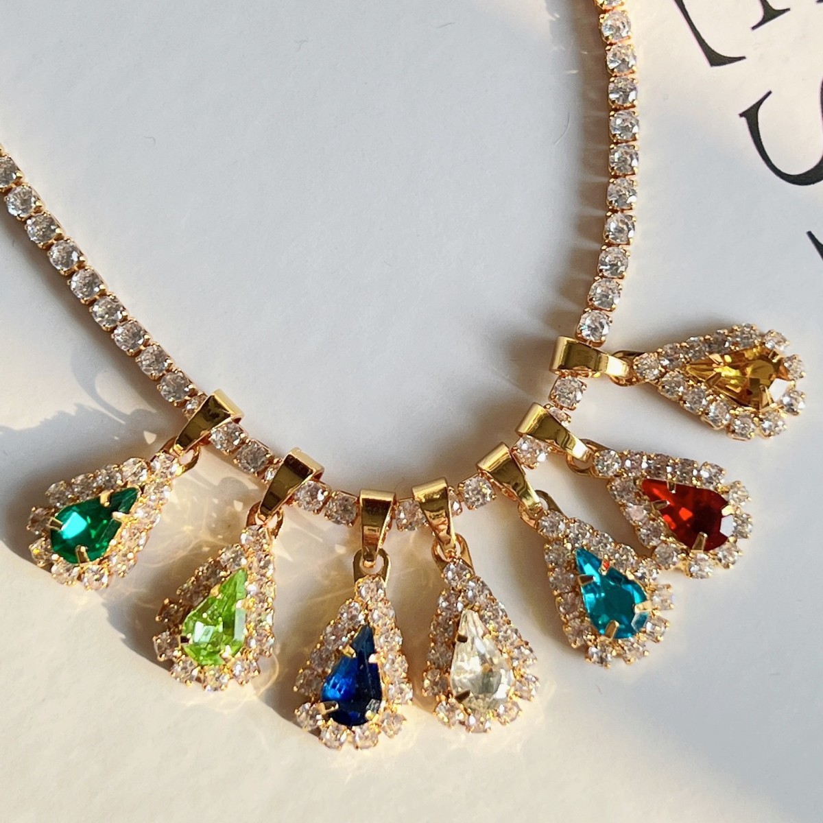 Dazan In-Stock Jewelry European and American Cross-Border Vintage Style Colorful Tear Pendant 18K Real Gold Electroplated Tennis Chain Necklace