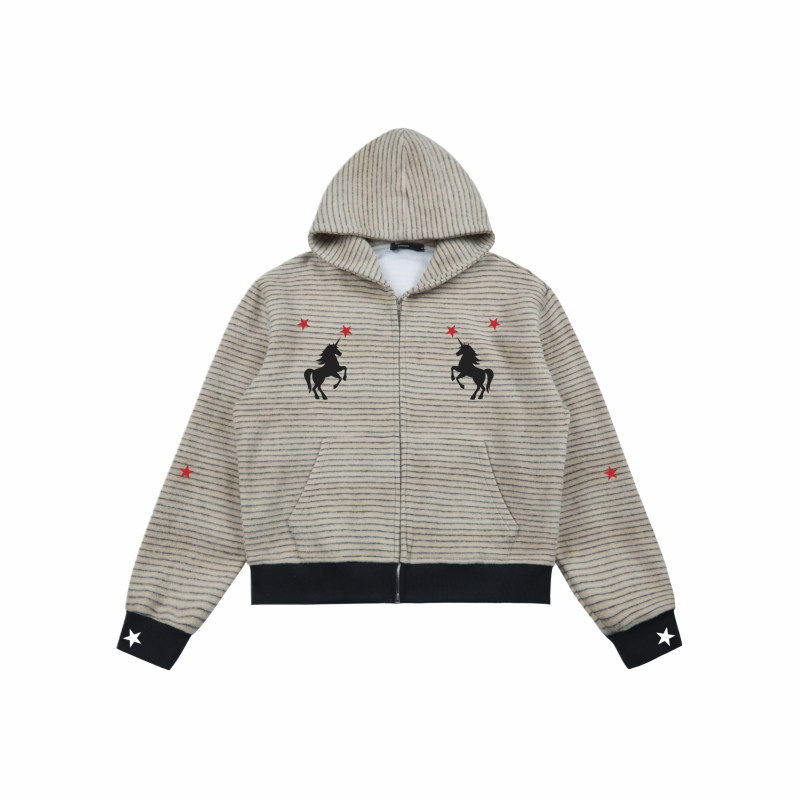 26Ss Red Star Unicorn Embroidered Zipper Hoodie Spring Style Rabbit Fur Striped Drop Shoulder Short Wide Sweatshirt Trendy Top Foto QC de TAOBAO na Qualit.ly