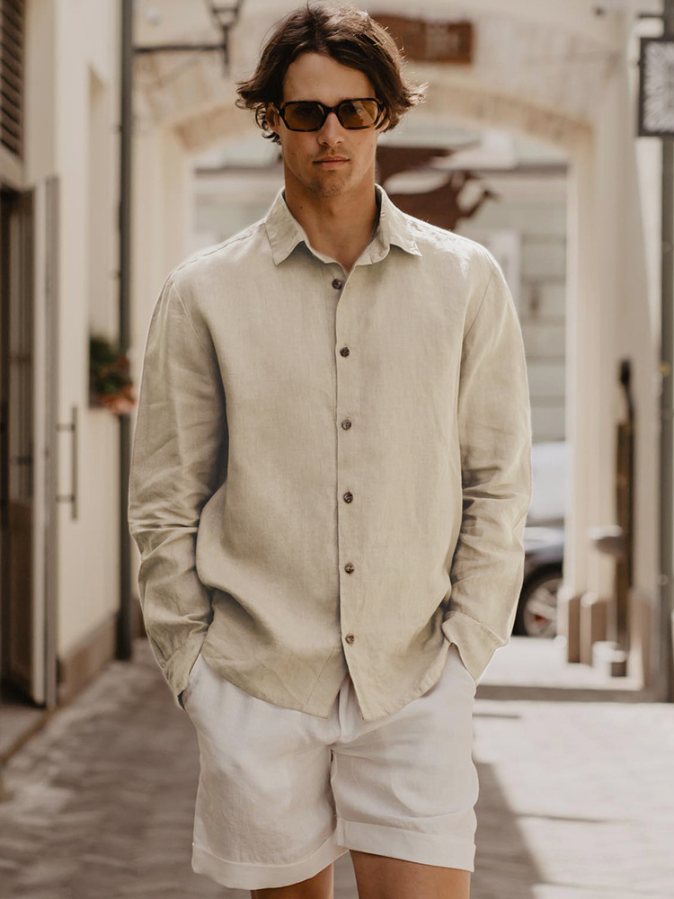 Old Money Style Pure Linen Shirt for Men, Spring Long-Sleeve Collared Top, Vacation Casual Linen Shirt for Men, Refreshing and Breathable