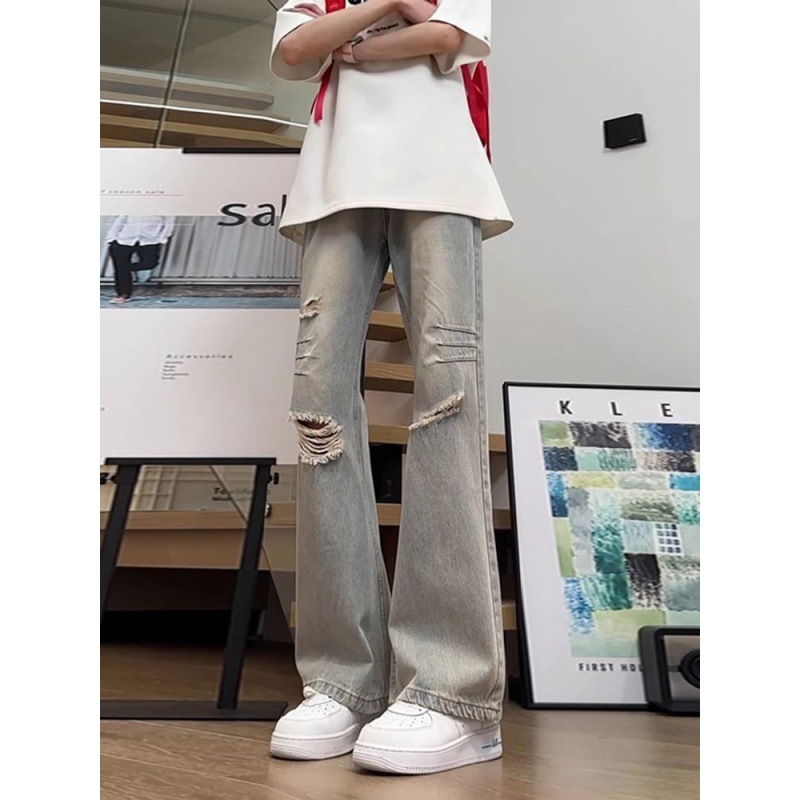 American Retro vibe Jeans Men's Light Blue Ripped Jeans Pleated Scimitar Bootcut Pants Casual Long Pants