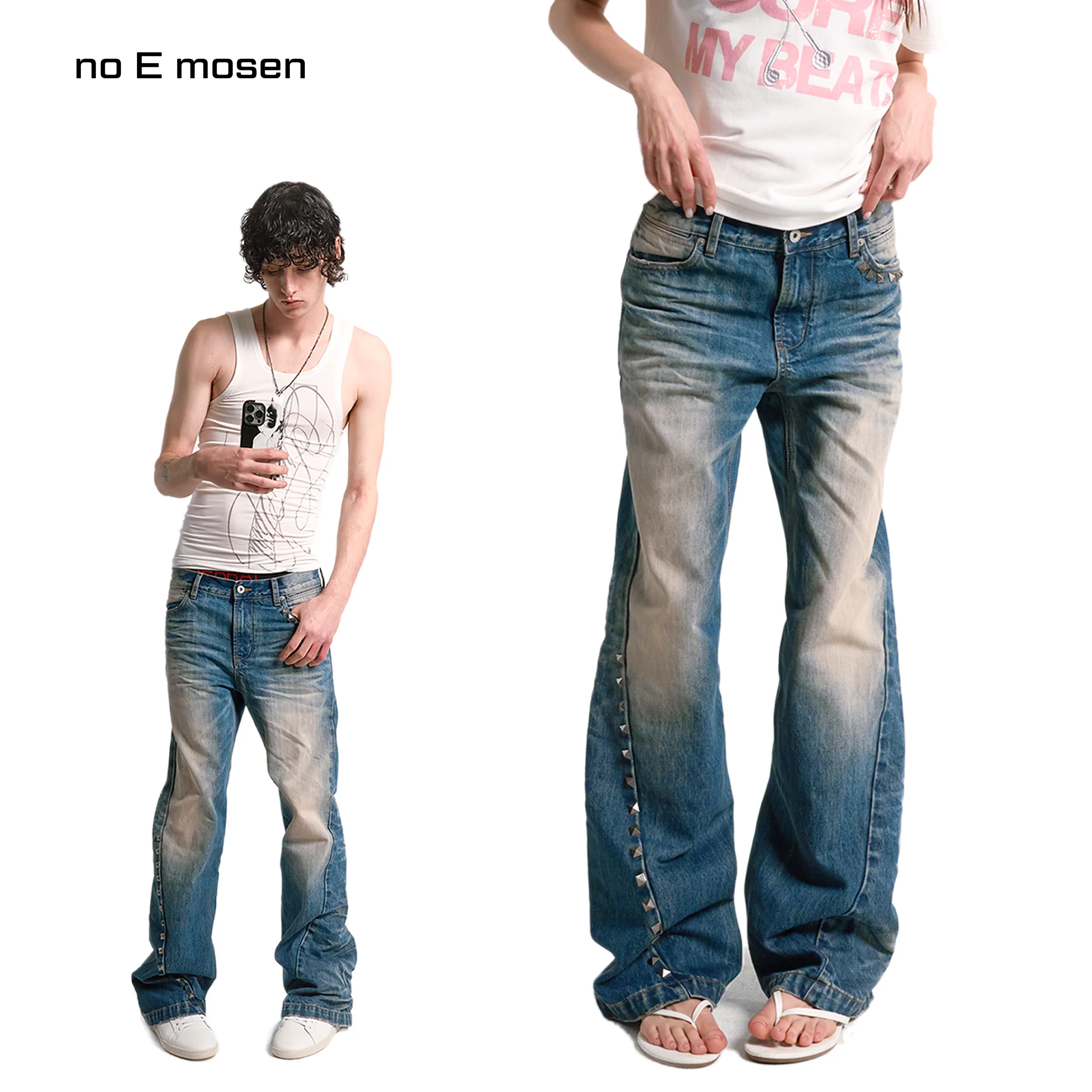 Noemosen(Noe) Corrugated Claw Wash Blue Mud-Dyed Rivet-Decorated Straight-Leg Flared 13-Ounce Jeans