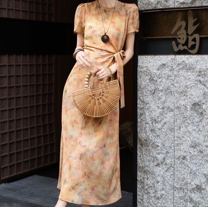 Nanyou 2026 Summer 03 Silk Double Wrinkle Printed Round Neck Dress with Waist Tie, Versatile Slimming Elegant Long Dress