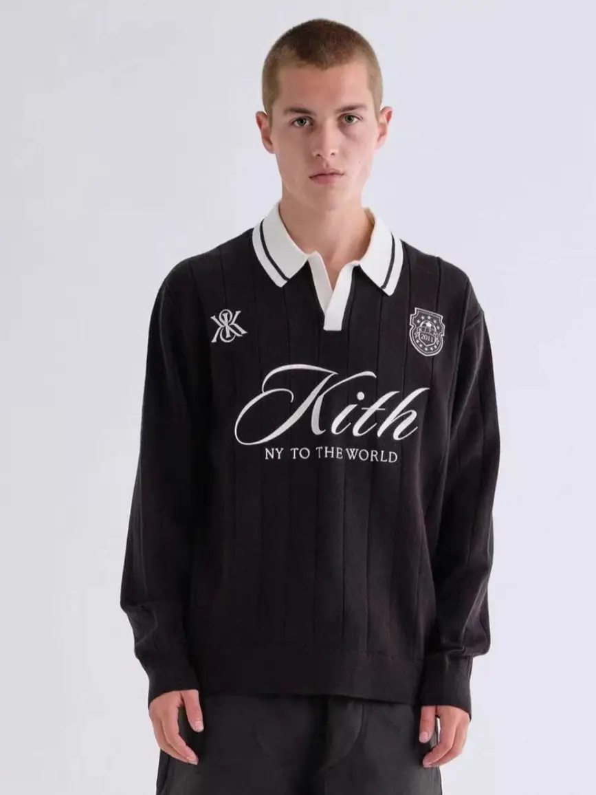 Kith Rugby Pullover Sweater 25 New Autumn and Winter Striped Lapel Embroidered Long-Sleeved Men's Sweatshirt