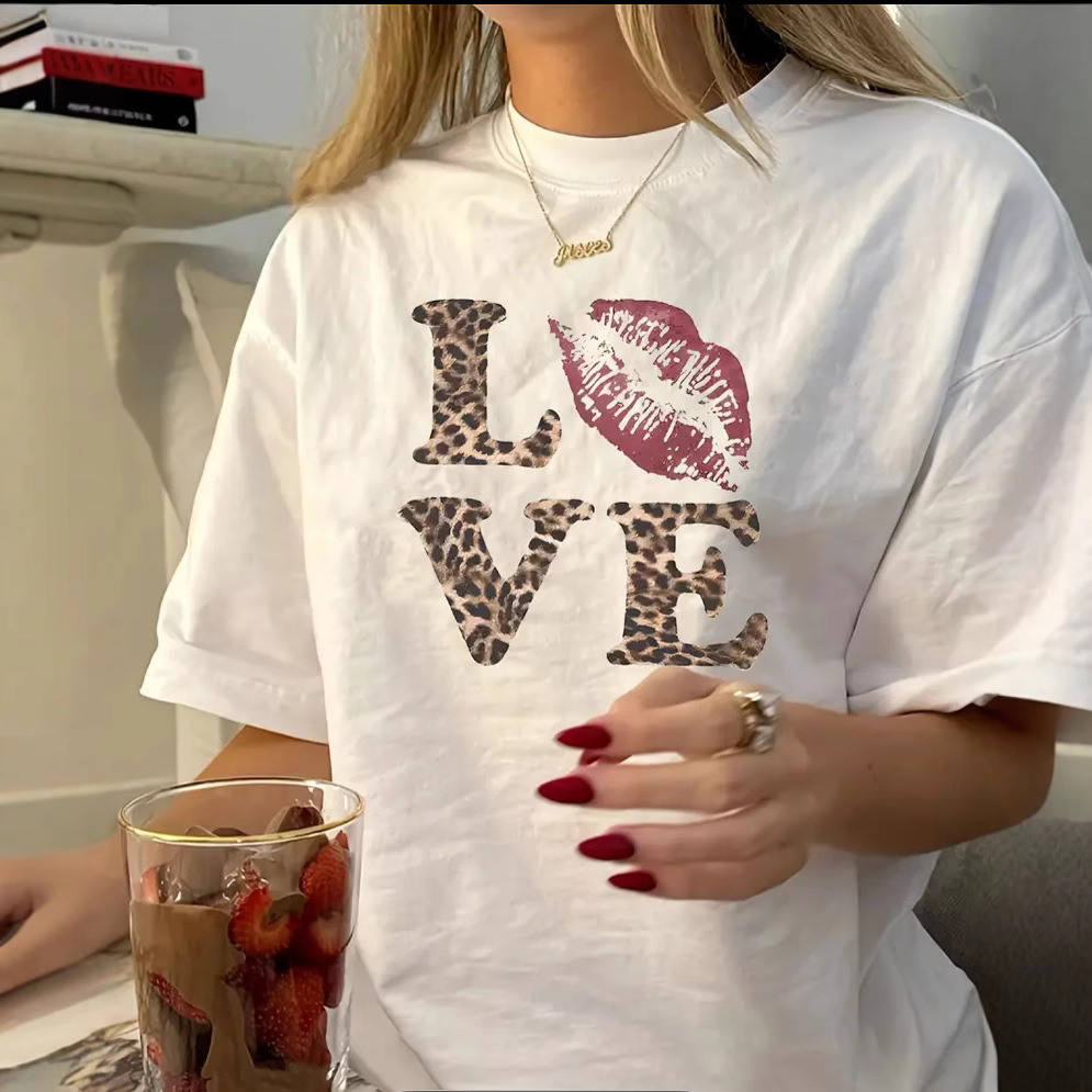 Summer plus size Casual Letter Love Crewneck Short-sleeved T-shirt Cross-border Printing