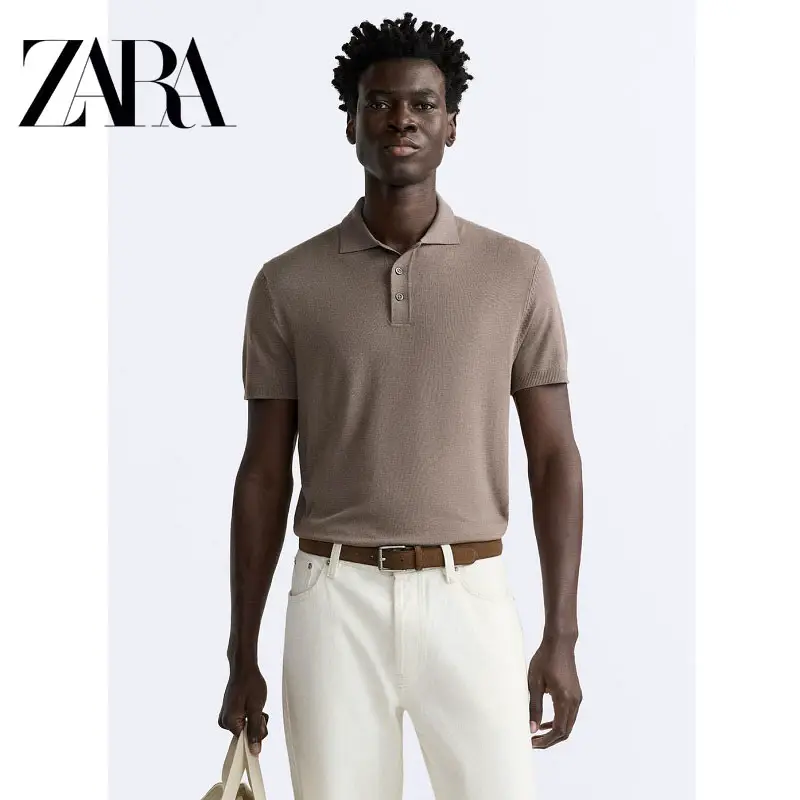 2024 Summer New Men's Brown Viscose Blend Knit Short Sleeve Polo Shirt Lapel Slim 0304417 737