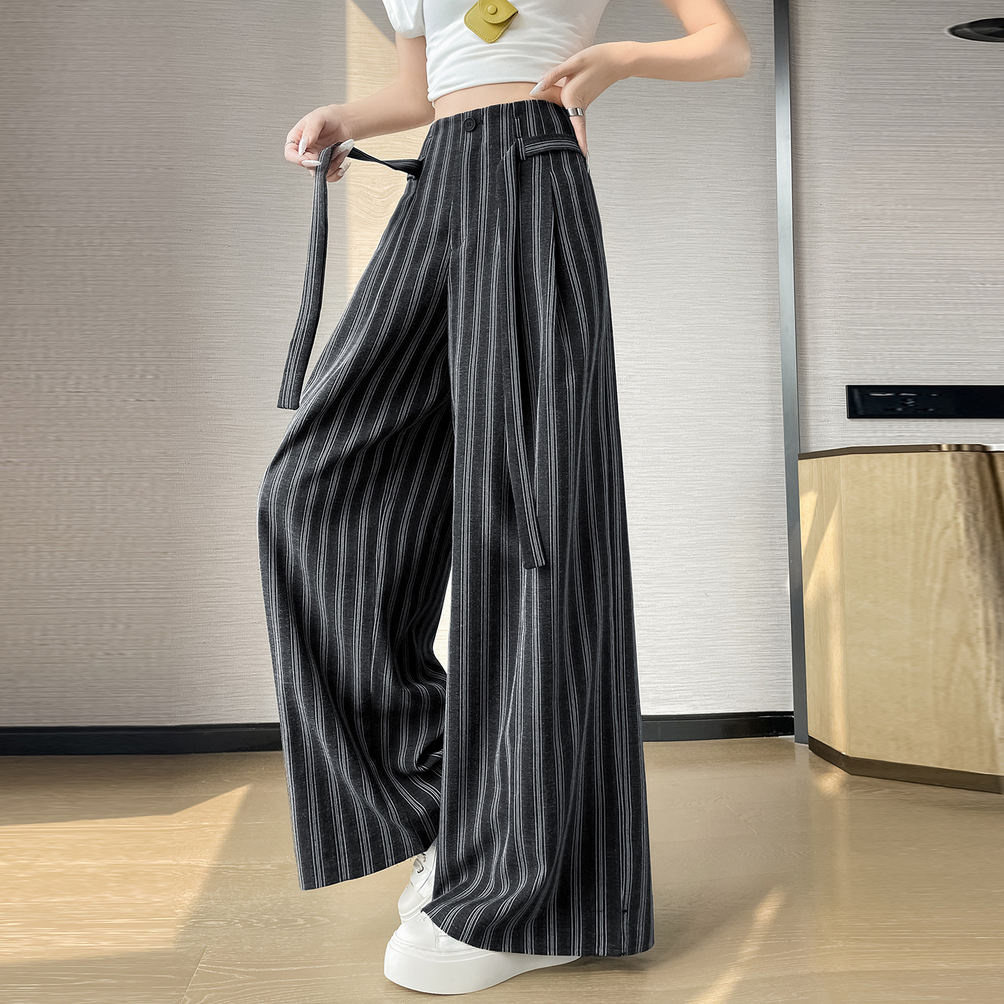 Tall Women's Loose Striped Wide-Leg Pants, 2026 Summer New Old Money Style Cotton-Linen Relaxed Straight Pants