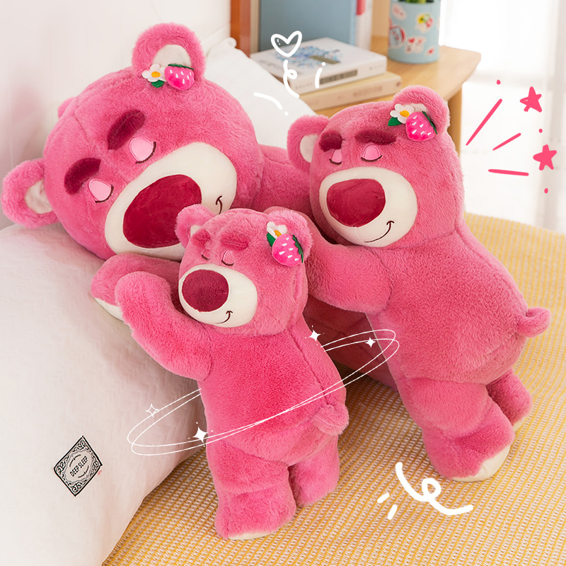 Cute lying strawberry bear doll pink bear pillow plush toy doll birthday gift wholesale