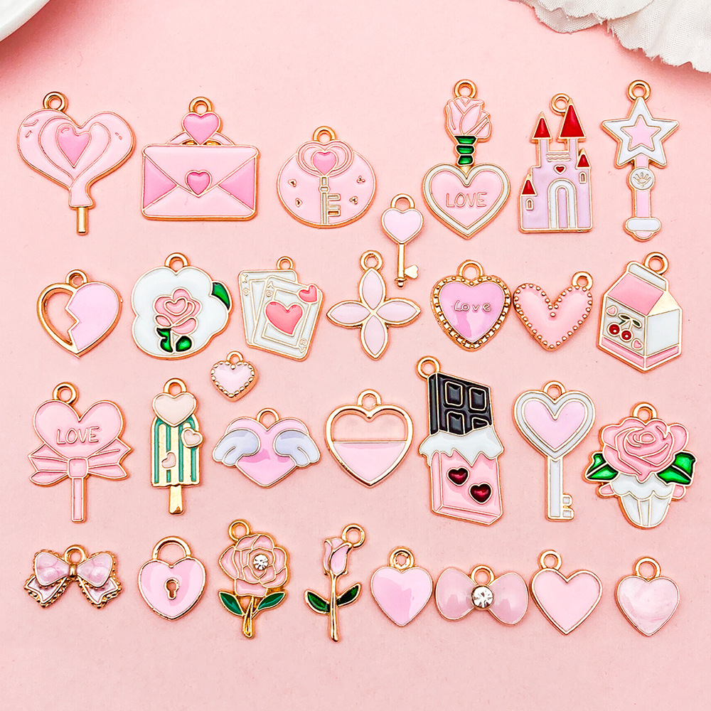 30 Pink Valentine's Day Pendant Accessories Magic Wand Castle Love Rose DIY Pendant Earrings Bracelet Accessories