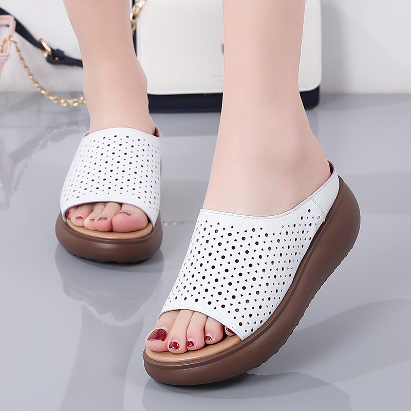 Cross-Border Thick-Soled Genuine Leather Sandals for Women, New Summer Wedge Heel Hollow Sandals, Fashionable Outer Wear Fish Mouth Beach Sandals