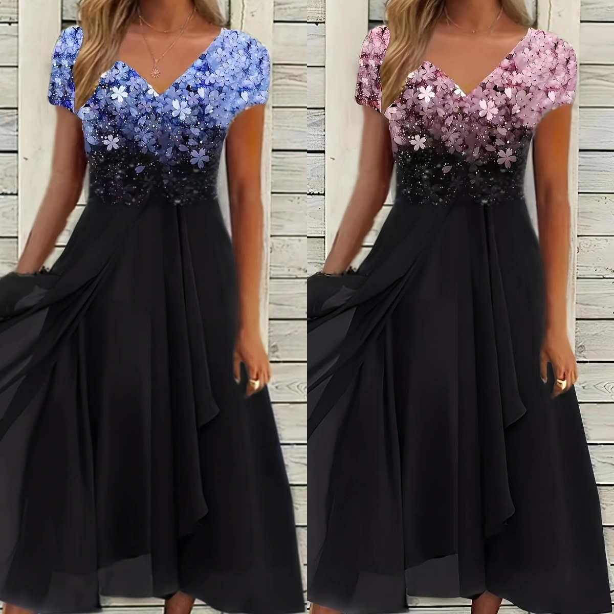 2025 European and American Summer Women's Clothing Cross-Border Amazon V-Neck Dress Printed Casual Fashion Banquet Short-Sleeved Long Dress
