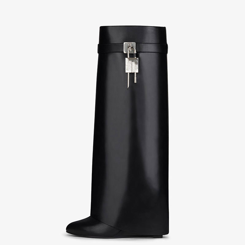 22 Years of European and American Autumn and Winter New Large-Tube Lock Buckle Round-Toe Long Boots for Women Genuine Leather Boots Metal Knight Boots Wedge Boots Foto QC de 1688 na Qualit.ly