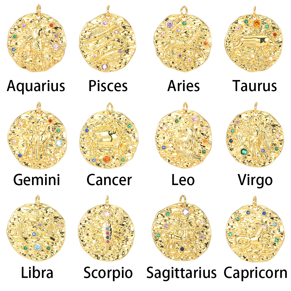 Constellation tarot card element three-dimensional relief micro inlaid zircon round European and American fashion jewelry necklace bracelet pendant