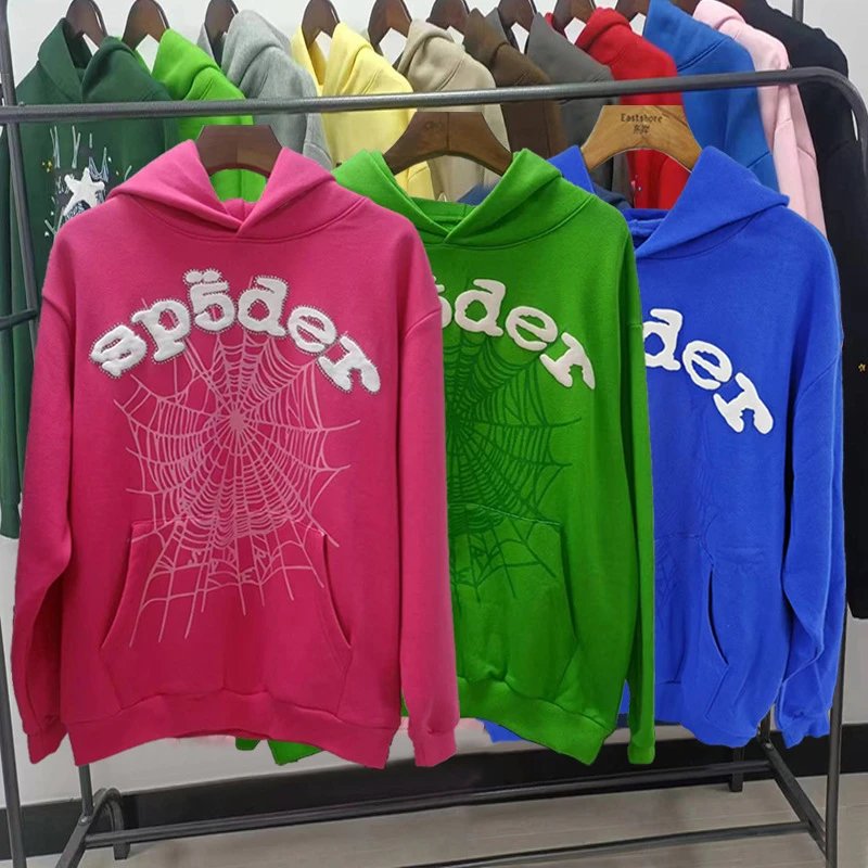 新款蜘蛛网重磅450G糕绒连帽衫发泡扑粉卫衣Sp5der hoodie pink
