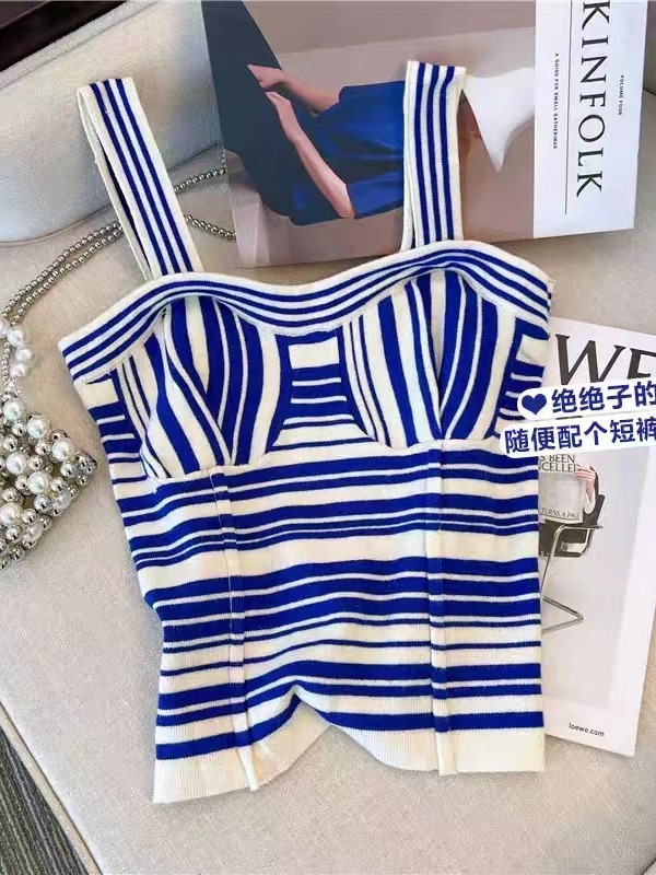 Design sense niche striped knitted camisole women's summer new retro temperament sleeveless top waist-tight shirt