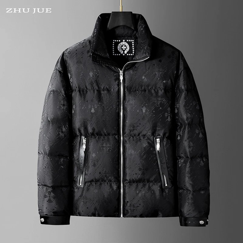 欧洲站高端提花羽绒服男2025款白鸭绒外套男士立领保暖防寒服上衣