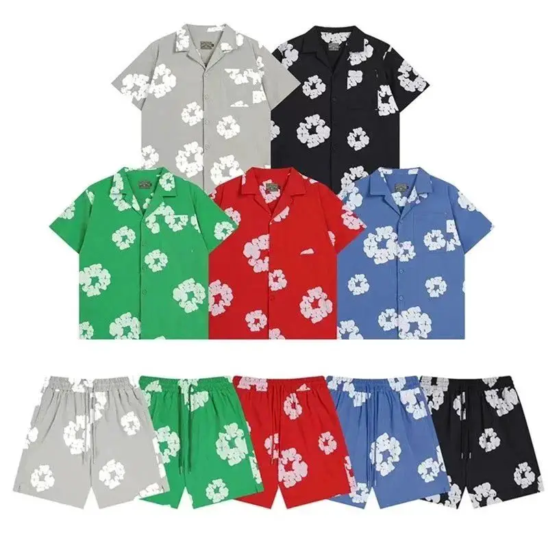 D*e*n*i*m*T*e*a*r*s*wood*cotton*floral*printed*floral*woven*short*sleeve*shirt*loose*five*minute*shorts*pants*male*female*shute