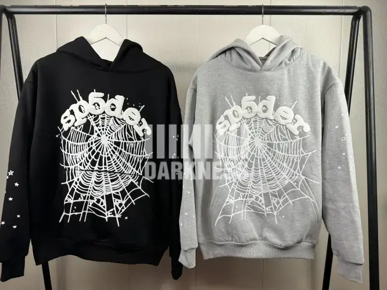 In Stock Sp5Der Spider Web Og Web Foam Logo Black Gray Trendy Hoodie Sweatshirt