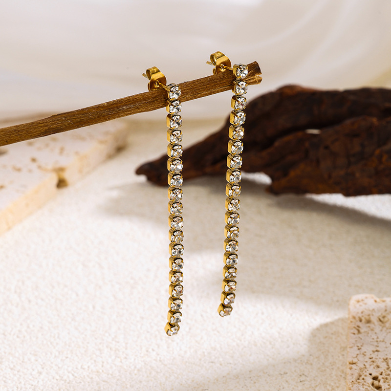 European and American Style Earrings with White Zircon Tassel Pendants, Versatile Titanium Steel Non-Fading Earrings