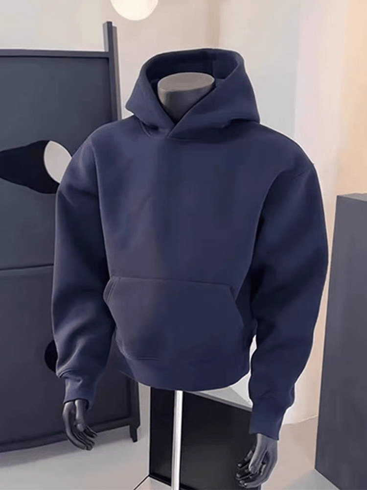 American-Style Heavyweight Short Sweatshirt for Men, Summer Navy Blue, High-End Hooded Stiff Cleanfit Jacket