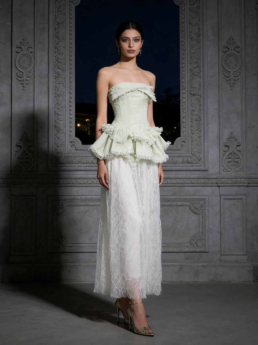 Elegant Strapless Waist-Cinching Tulle Lace Patchwork Long Dress 2026 New Model Women's Gown with a High-End Feel for Toasting Events