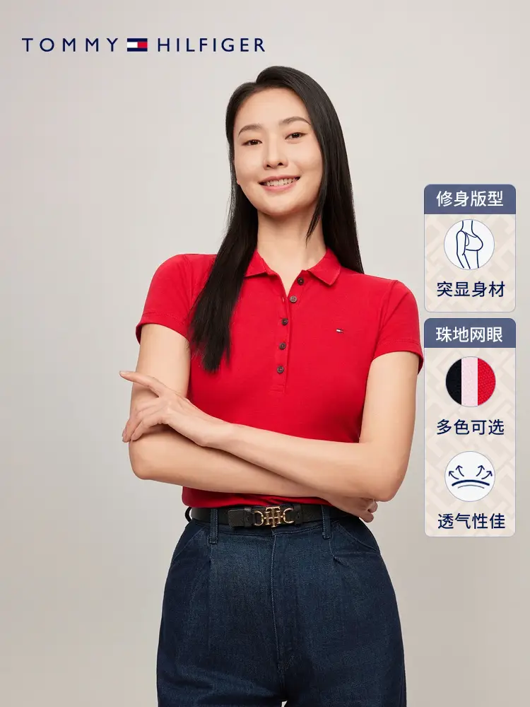 [Five Buttons] Tommy Summer Women's Pique Mesh Work Clothing pure color silm Short Sleeve T-Shirt Poloj3073