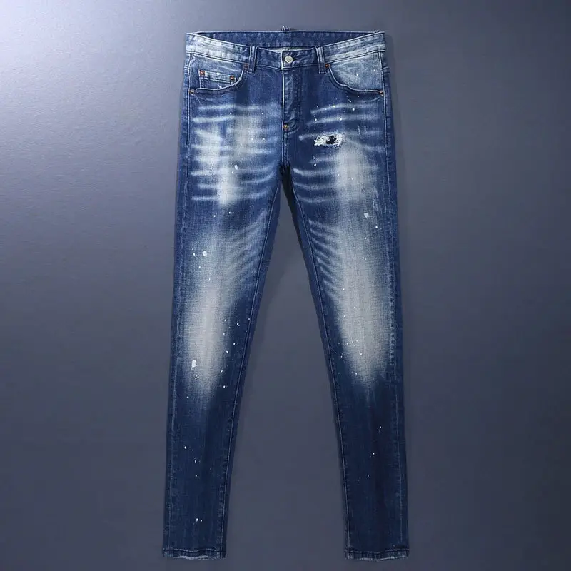 Fashion Street Style Retro Men's Jeans Distressed Blue Washed Ripped Patch Paint Trendy Brand Slim Fit Skinny Pants Men