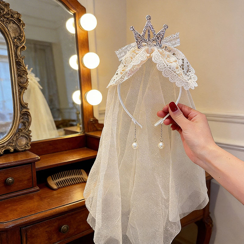 Sweet Style Headdress Retro Lace Bow Veil Kidsren's Hairband Girl Hairpin Flash Diamond Crown Birthday Headband