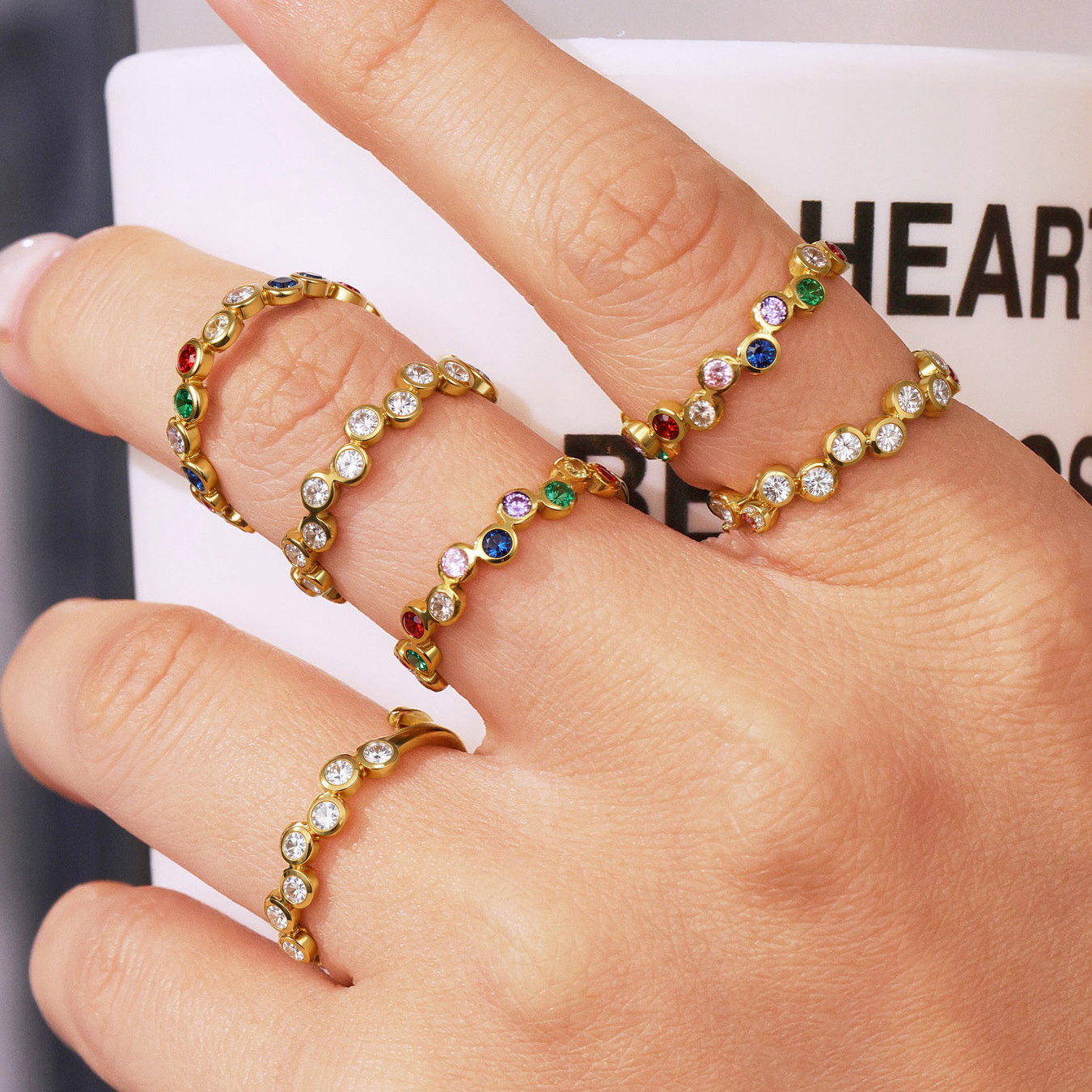 Dreamy, Exquisite, Compact, Colorful Zirconia Ring with a Full Circle Design, Stylish and Stackable Stainless Steel Index Finger Ring