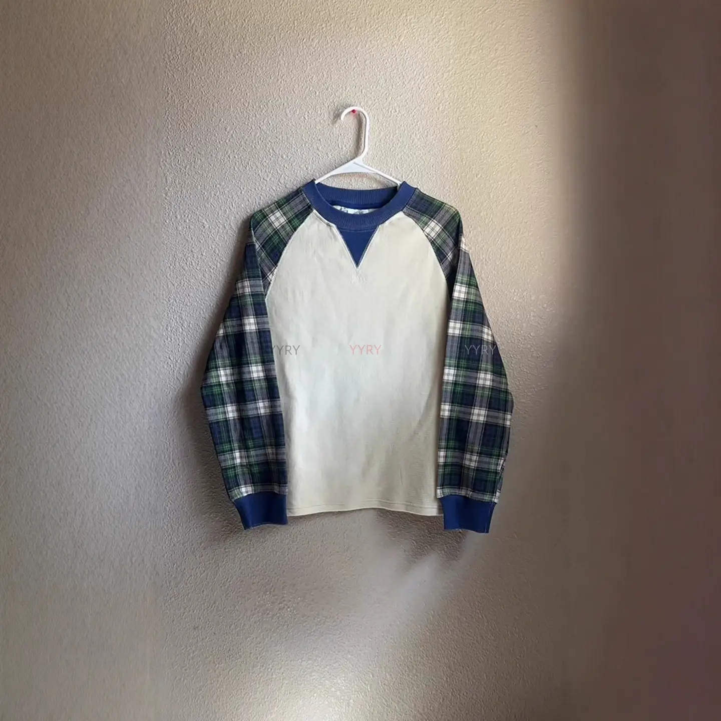 European and American Ins Cross-Border Stylish Dark Plaid Print Color Matching Round Neck Sweatshirt Long-Sleeved Pullover T-Shirt Retro Y2K