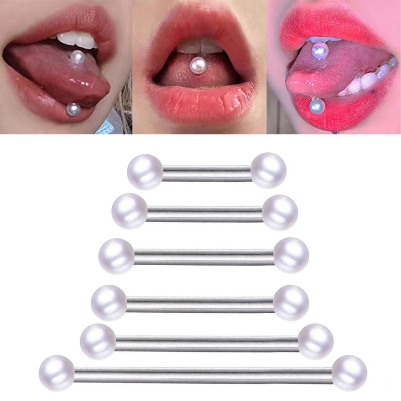 European and American Cross-Border Stainless Steel Straight Rod Double-Headed Pearl Tongue Nails Fashionable Ear Bridge Barbell Nipple Ring Piercing Jewelry