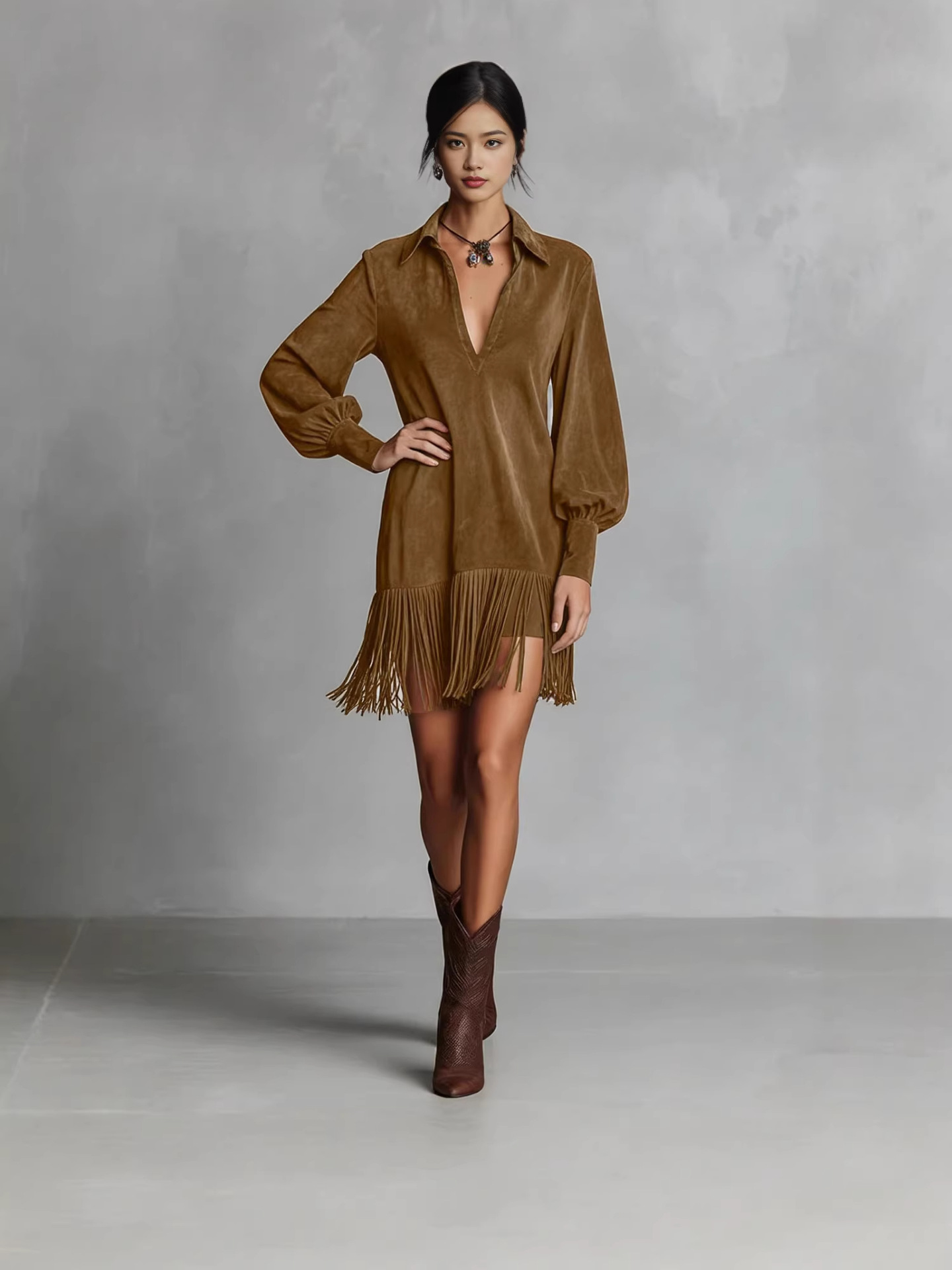 2026 European and American Style Faux Suede V-Neck Fashion Dress with Tassel Hem and Long Lantern Sleeves for Women