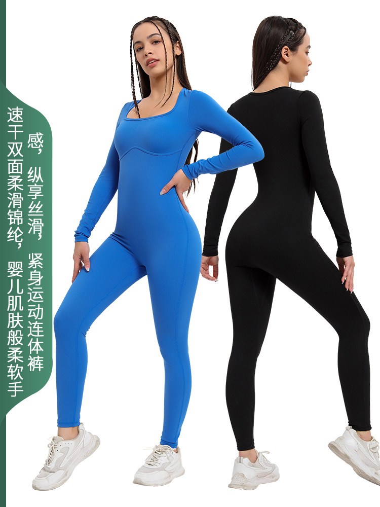 2026 Sun Protection Quick-Drying Breathable High-Elastic Gymnastics Jumpsuit Sports Fitness Yoga Square Neck Training Jumpsuit for Women