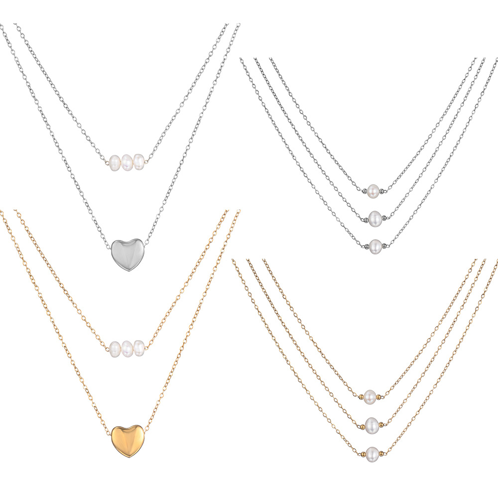 French Titanium Steel Jewelry Multi-Layered Style Freshwater Pearl Mini Heart Can Pass the Salt Spray Test Clavicle Necklace
