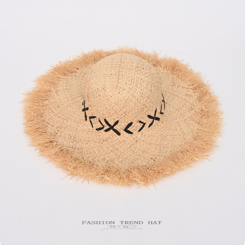 French Large-Brimmed Raw Edge Raffia Hat for Women Summer Breathable Sun Protection Hat for Traveling to the Seaside Vacation Beach Sun Hat