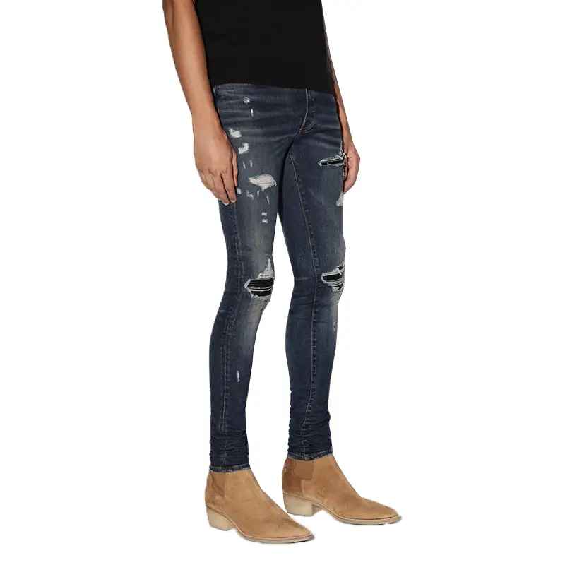 European and American Style 26Ss Mx1 Blue Distressed Paisley Crystal Ripped Jeans for Autumn and Winter, Unisex, Spring Quality