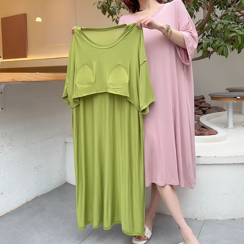 Cotton Shuzi Summer New Modal Chest Pad Dress Short Sleeve Long Dress Women's Free Bra Round Neck Large Size Nightdress
