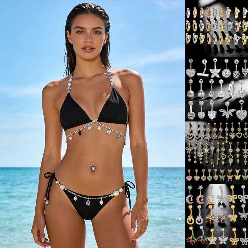 Cross-Border Hot-Selling Copper Zircon Belly Button Ring for Women, Stainless Steel Needle Butterfly Heart Flower Belly Button Piercing