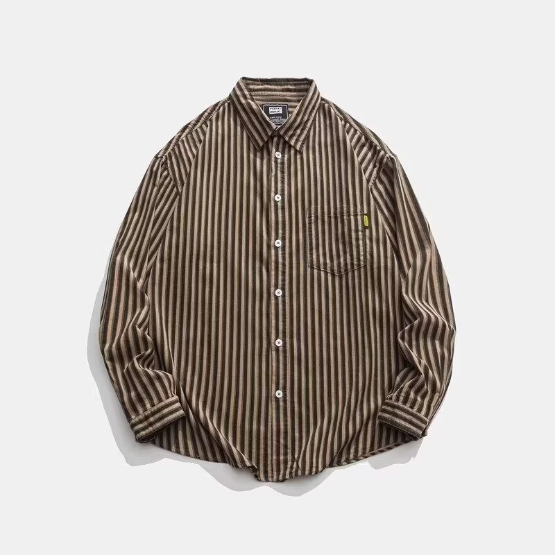 Versatile Ins-Style Minimalist New Artistic Fashion Long-Sleeve Striped Shirt for Men, Harajuku Non-Trendy Stylish Lapel Design