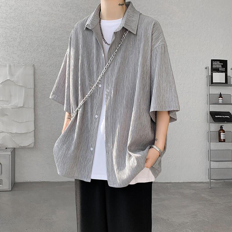 Texture Ice Silk Short-sleeved Shirt Men's Summer American Style Fashion Brand plus size Half-sleeved Shirt Men's Loose Couple's Jacket