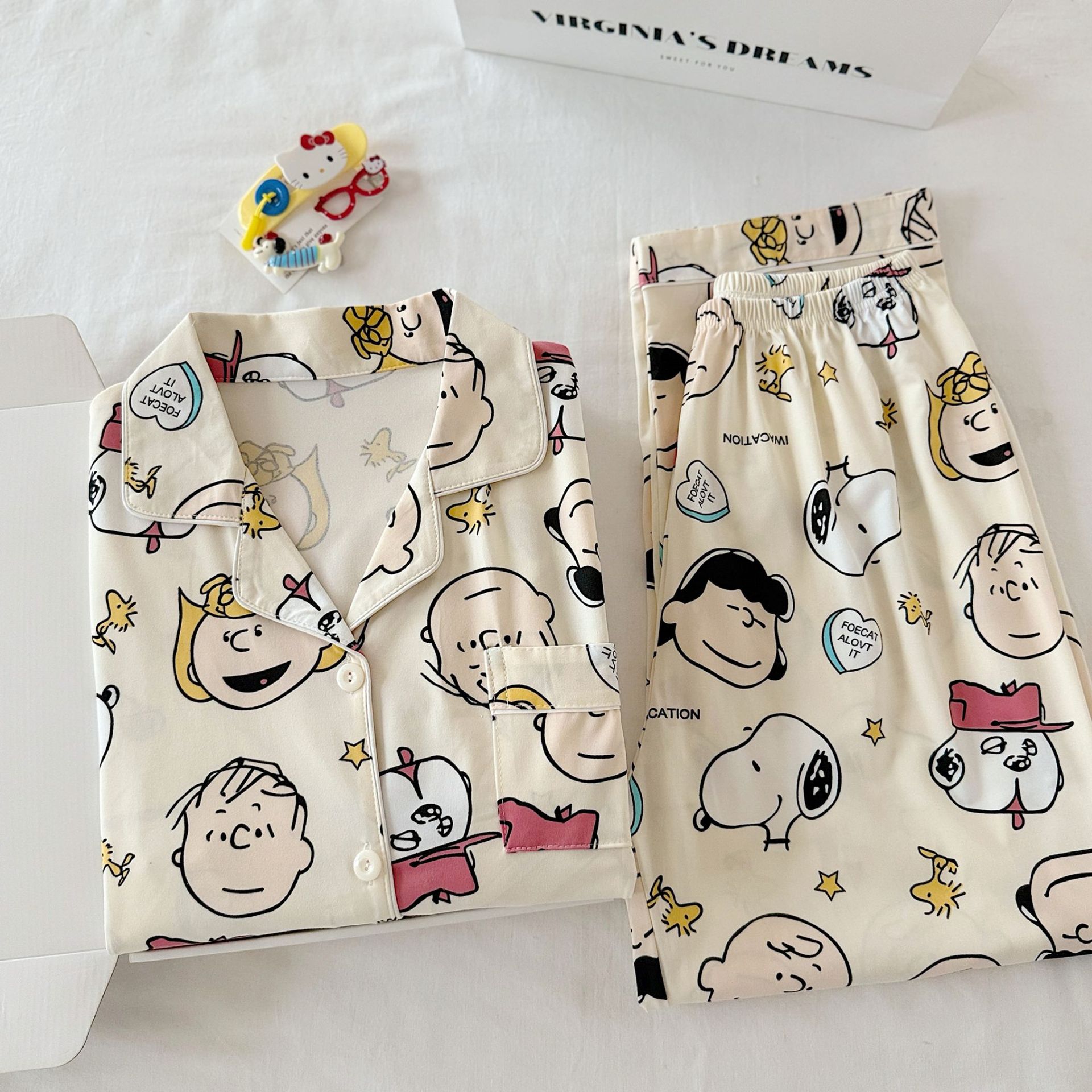 Cross-Border European and American Style Women's Pajamas, Spring and Autumn Cartoon Lapel Cardigan, Cherry Print T-Shirt, Slim-Fit Long Pants, Loungewear
