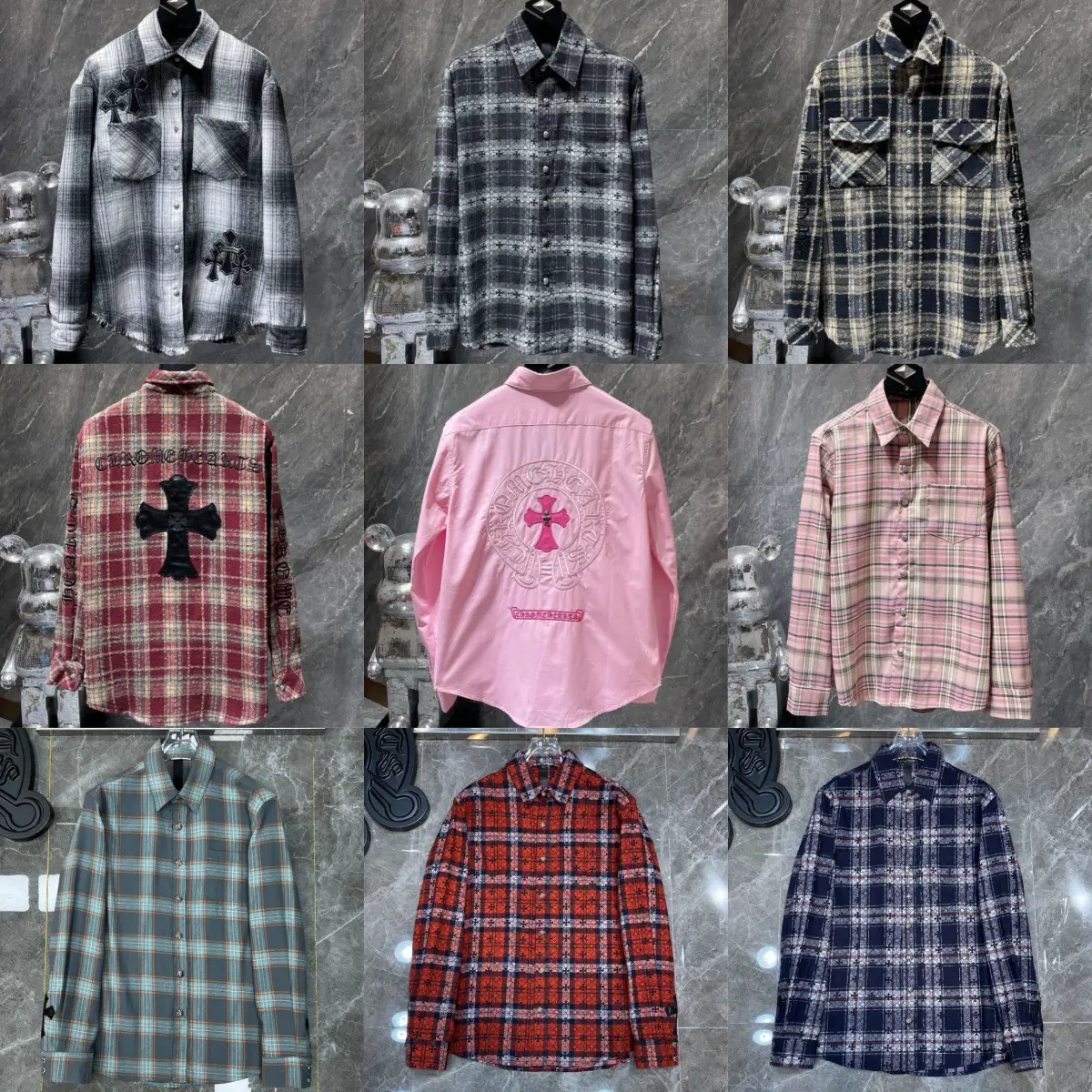 25 Cross-Border Autumn and Winter New Ch Luo Classic Shirt with Leather Full Cross Dark Pattern Full Printed Plaid Retro Long Sleeves