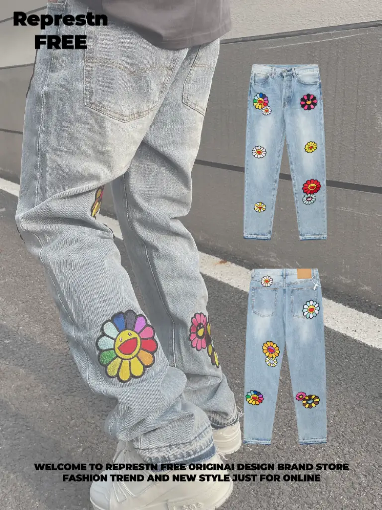 Represtn Free American Sunflower Embroider Retro Washed Blue Loose Straight-leg Casual Men Denim