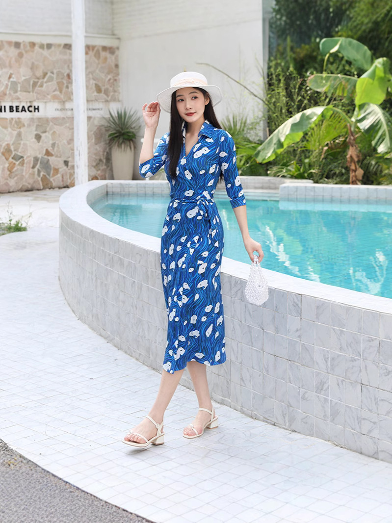 Star Blue Ocean Spray Lapel Wrap Dress 2025 Elegant Elegant Mid-length Sleeve Belt dress